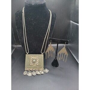 Heavy Silver tone Edwardian Art Deco Necklace and Earring set